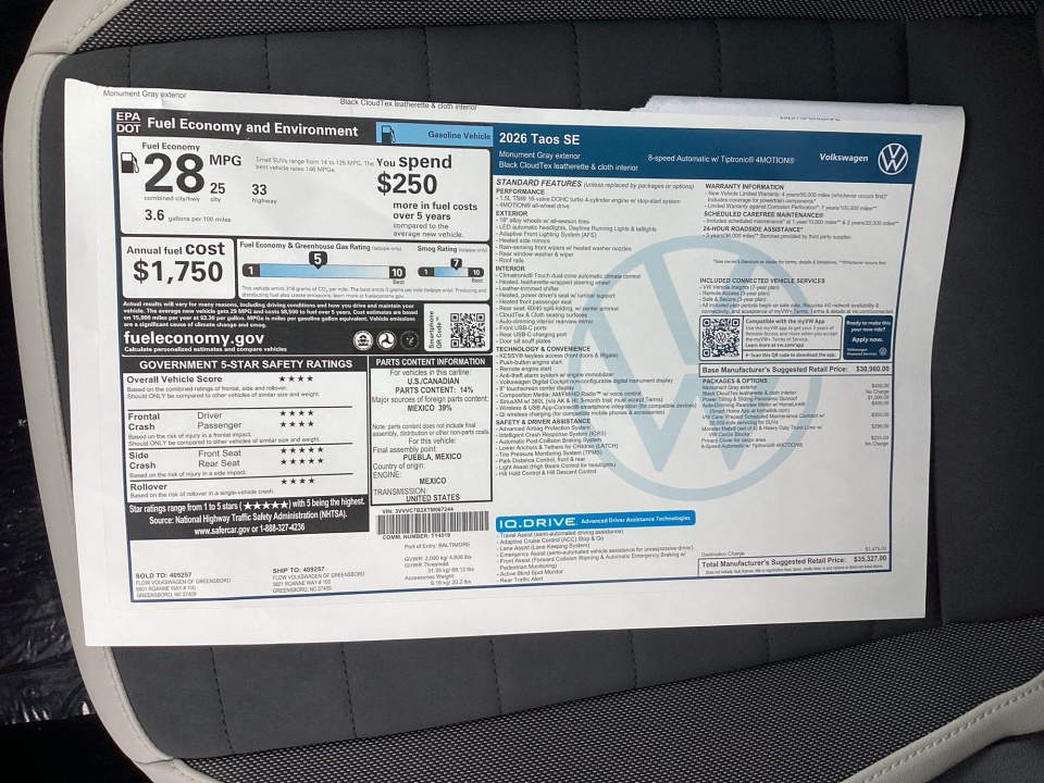 3VVVC7B2XTM067244 2026 Volkswagen Taos SE