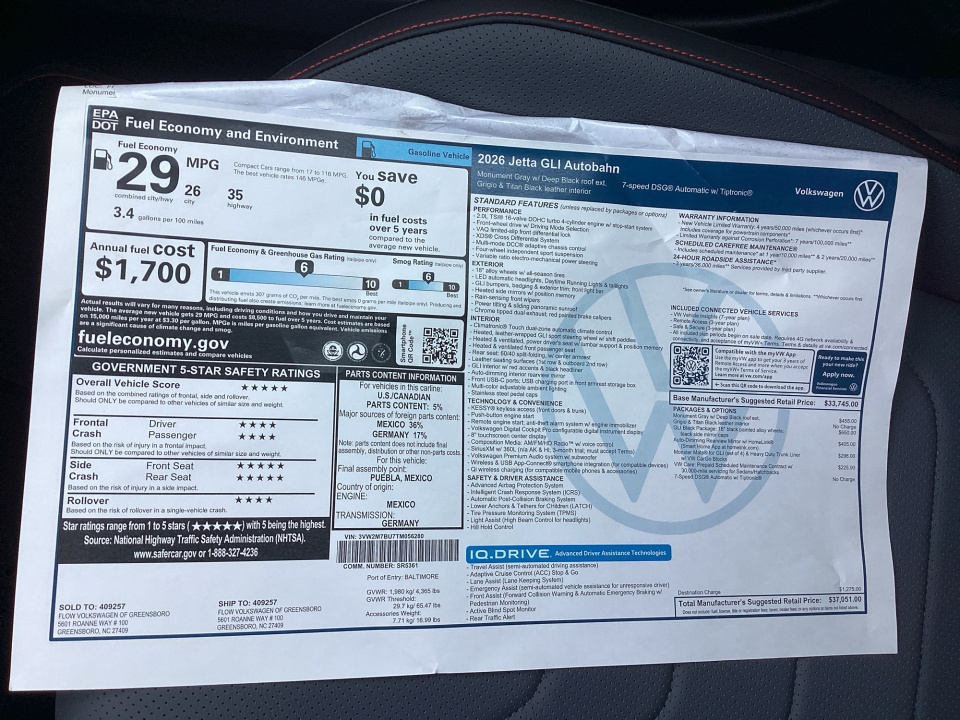 3VW2M7BU7TM056280 2026 Volkswagen Jetta GLI Autobahn
