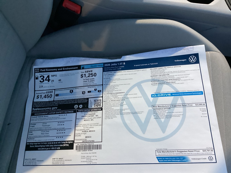 3VW5W7BU7TM024730 2026 Volkswagen Jetta S