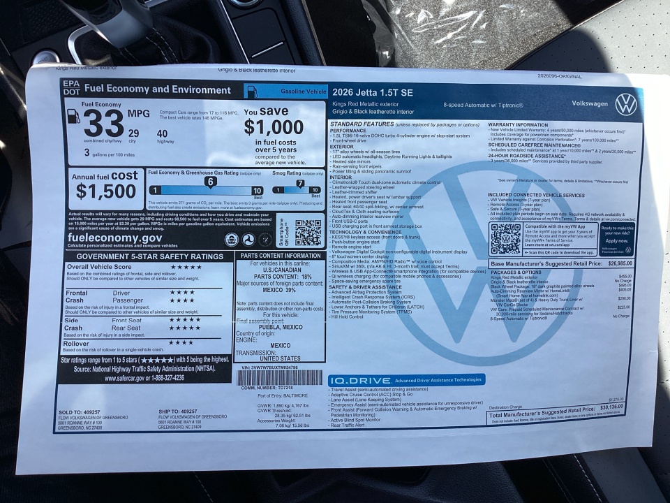 3VW7W7BUXTM054796 2026 Volkswagen Jetta SE