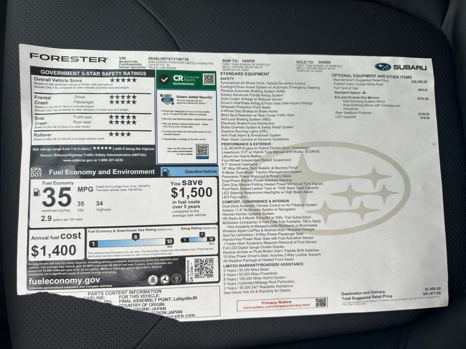 4S4SLSR7XT3146738 2026 Subaru Forester Limited Hybrid