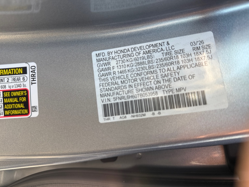 5FNRL6H60TB053958 2026 Honda Odyssey EX-L