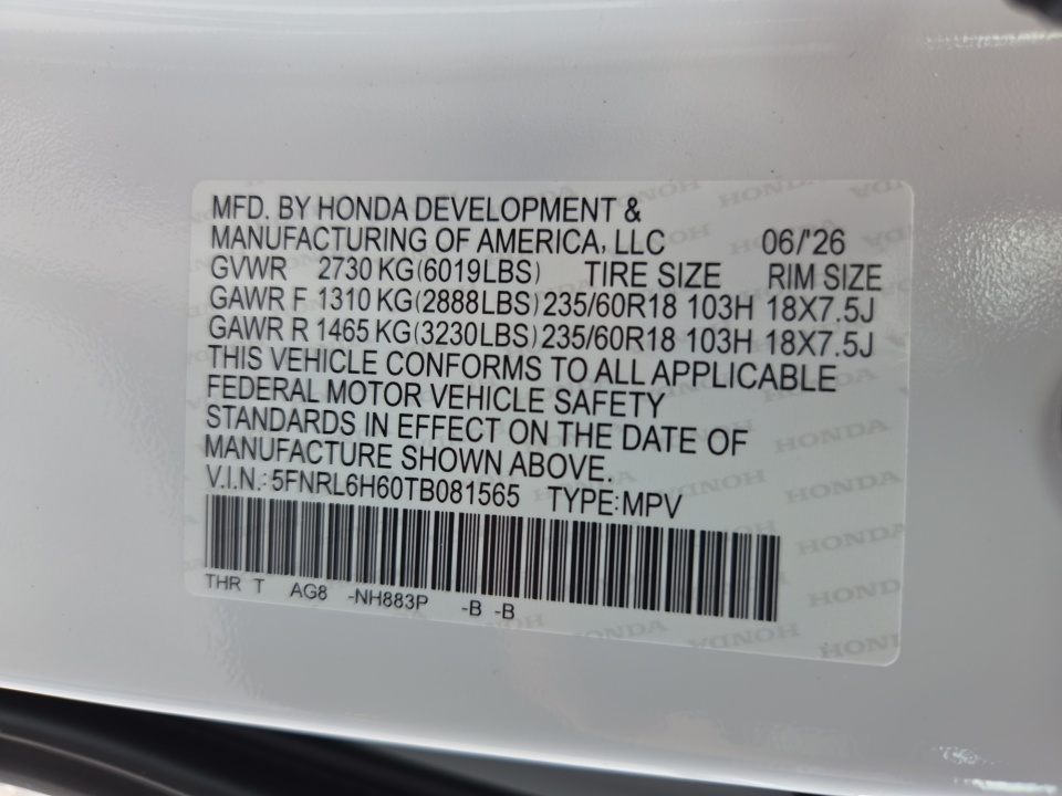 5FNRL6H60TB081565 2026 Honda Odyssey EX-L