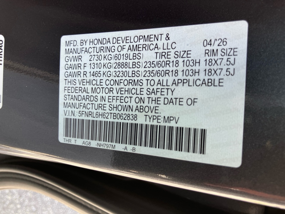 5FNRL6H62TB062838 2026 Honda Odyssey EX-L