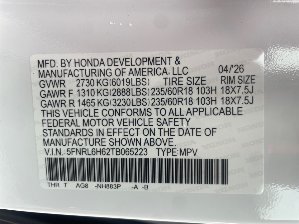 5FNRL6H62TB065223 2026 Honda Odyssey EX-L