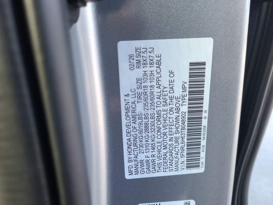 5FNRL6H63TB048902 2026 Honda Odyssey EX-L