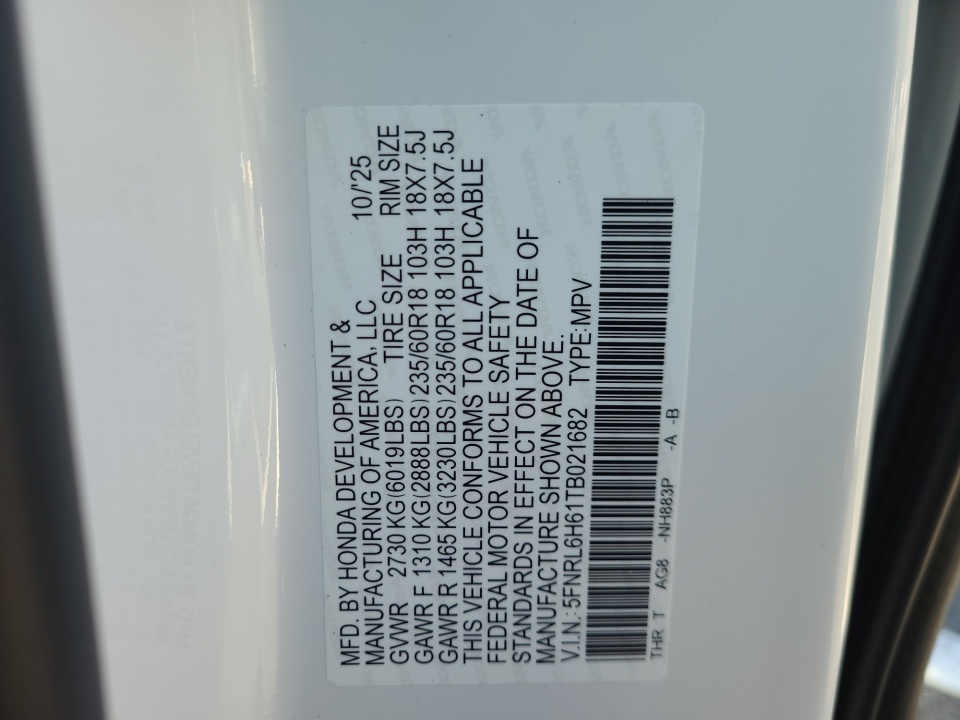 5FNRL6H69TB032865 2026 Honda Odyssey EX-L