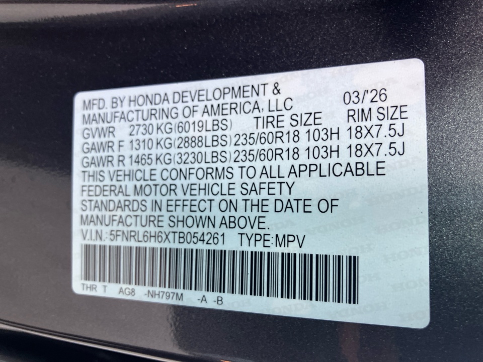 5FNRL6H6XTB054261 2026 Honda Odyssey EX-L