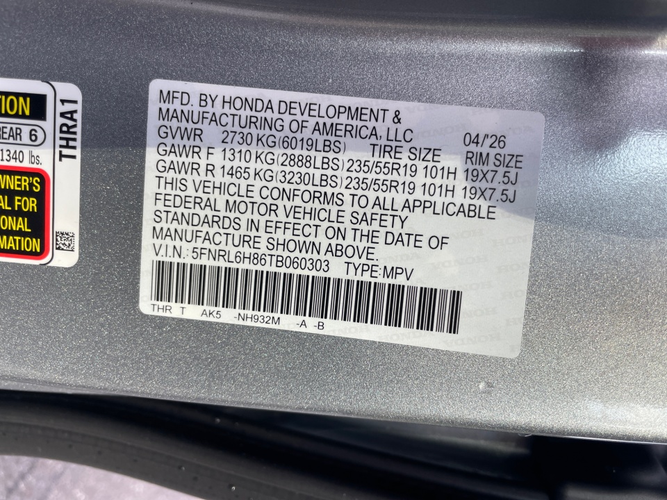 5FNRL6H86TB060303 2026 Honda Odyssey Touring