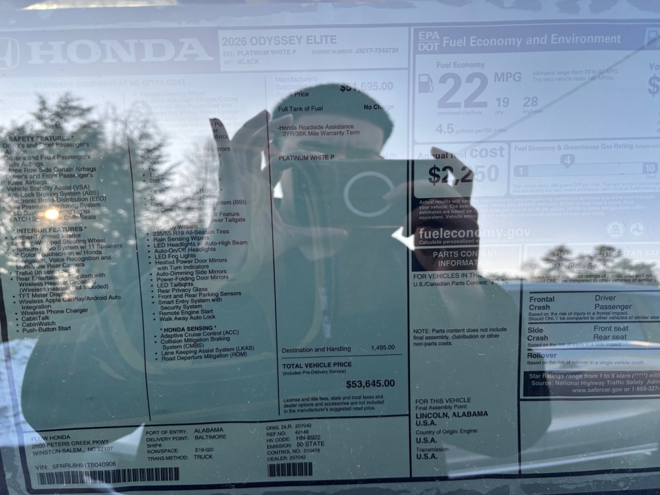 5FNRL6H91TB040906 2026 Honda Odyssey Elite