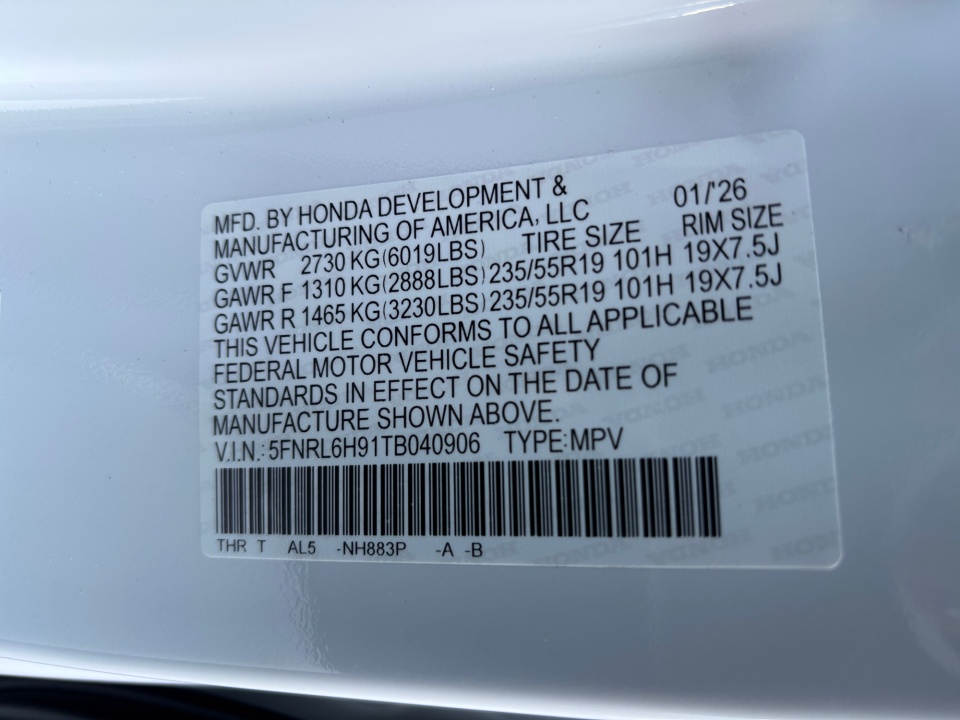 5FNRL6H91TB040906 2026 Honda Odyssey Elite