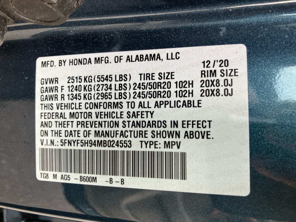 5FNYF5H94MB024553 2021 Honda Pilot 2WD Touring 8 Passenger