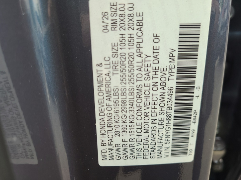 5FNYG1H88TB034496 2026 Honda Pilot Elite