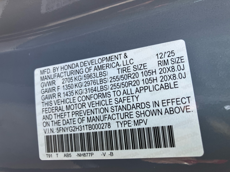 5FNYG2H31TB000278 2026 Honda Pilot Sport