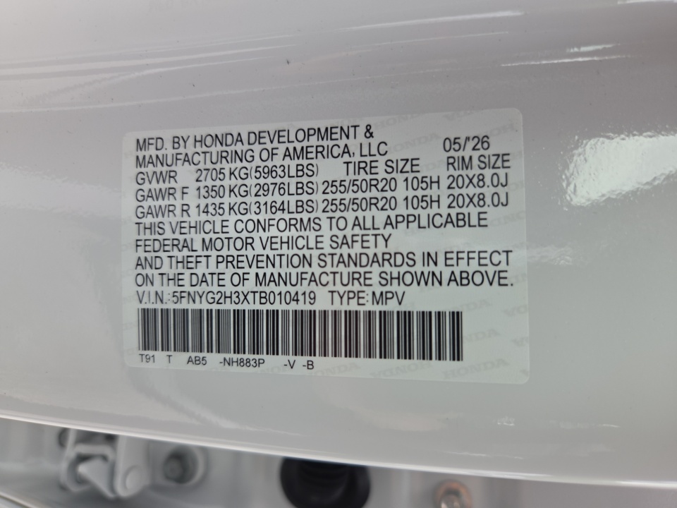 5FNYG2H3XTB010419 2026 Honda Pilot Sport