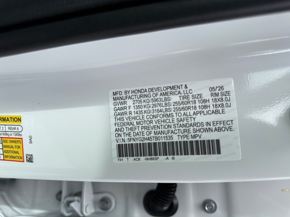 5FNYG2H45TB011535 2026 Honda Pilot EX-L