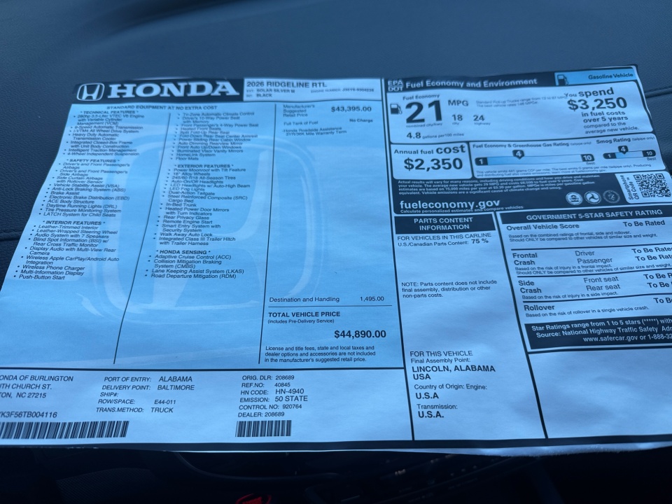 5FPYK3F56TB004116 2026 Honda Ridgeline RTL