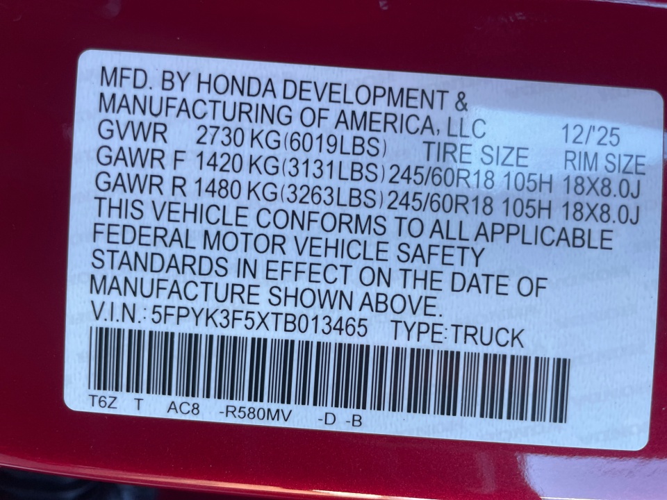 5FPYK3F5XTB013465 2026 Honda Ridgeline RTL