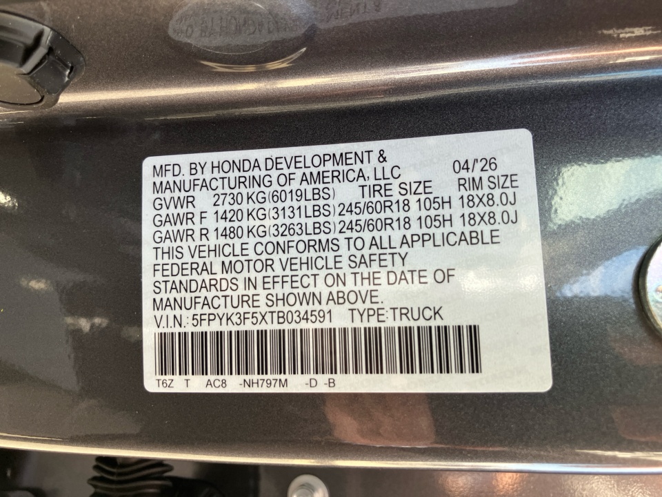 5FPYK3F5XTB034591 2026 Honda Ridgeline RTL