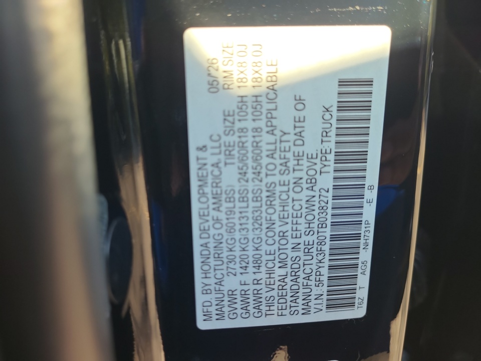 5FPYK3F80TB038272 2026 Honda Ridgeline Black Edition