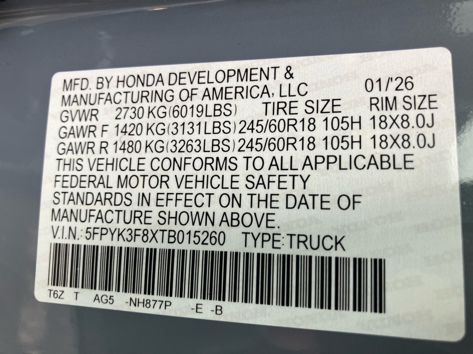 5FPYK3F8XTB015260 2026 Honda Ridgeline Black Edition