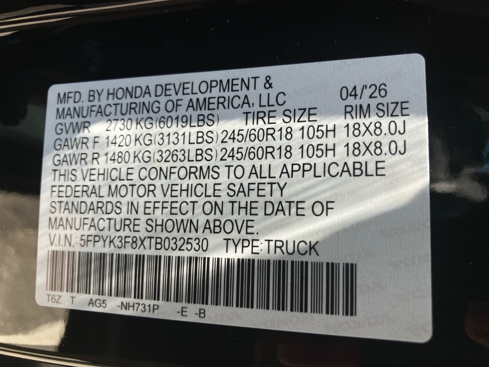 5FPYK3F8XTB032530 2026 Honda Ridgeline Black Edition