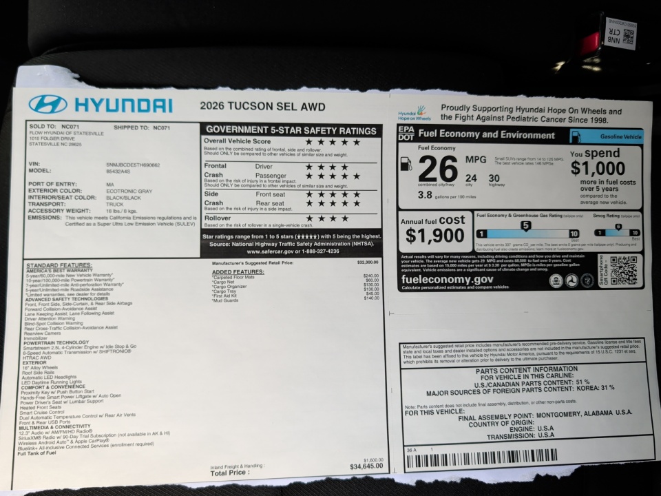 5NMJBCDE5TH690662 2026 Hyundai Tucson SEL