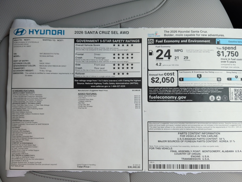 5NTJBDDEXTH175750 2026 Hyundai Santa Cruz SEL