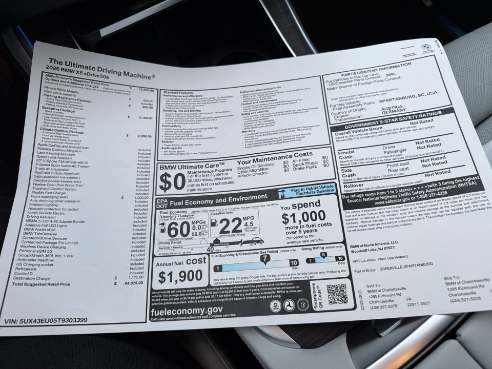 5UX43EU05T9303399 2026 BMW X5 PHEV xDrive50e