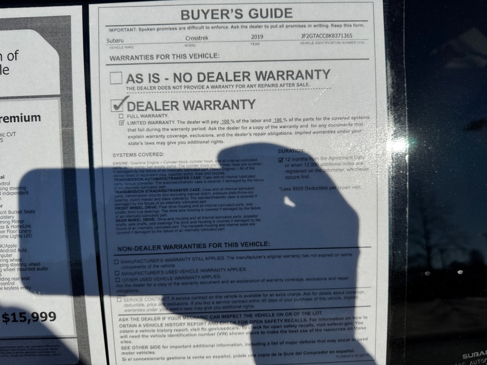 JF2GTACC8K8371365 2019 Subaru Crosstrek 2.0i Premium