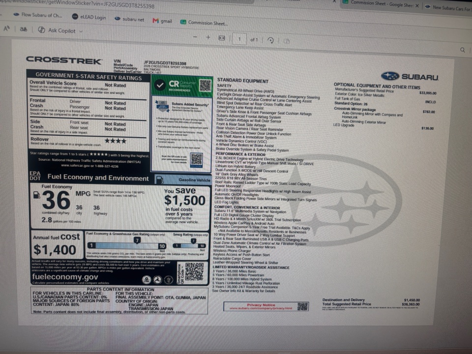 JF2GUSGD3T8255398 2026 Subaru Crosstrek Sport
