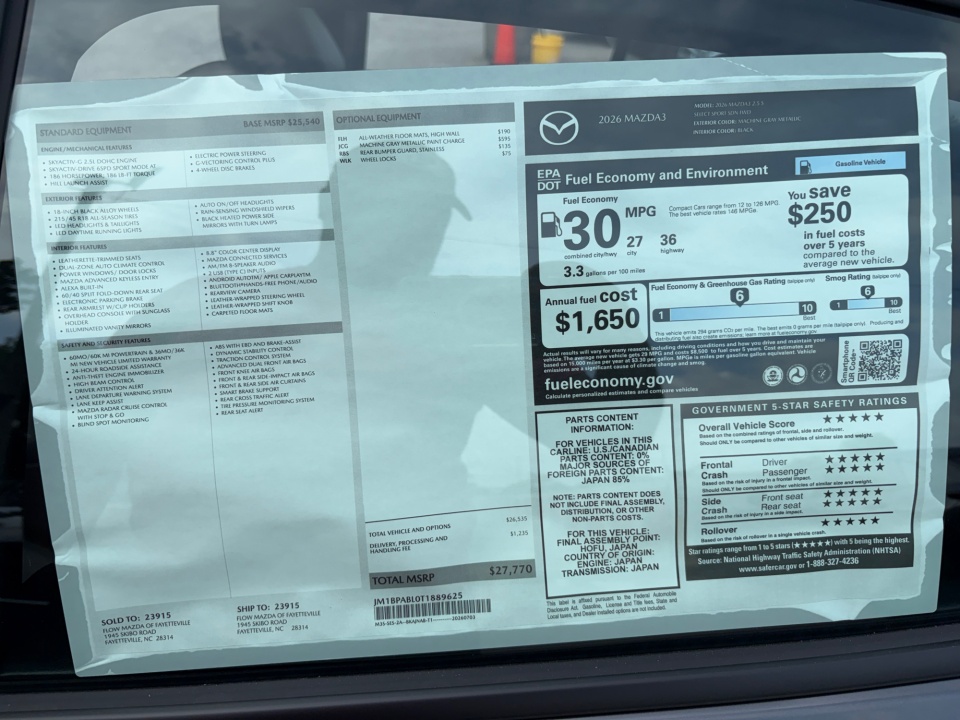 JM1BPABL0T1889625 2026 Mazda Mazda3 Sedan 2.5 S Select Sport