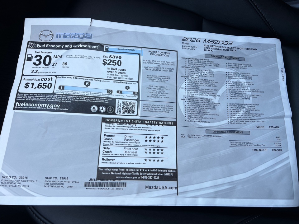 JM1BPABL3T1861057 2026 Mazda Mazda3 Sedan 2.5 S Select Sport