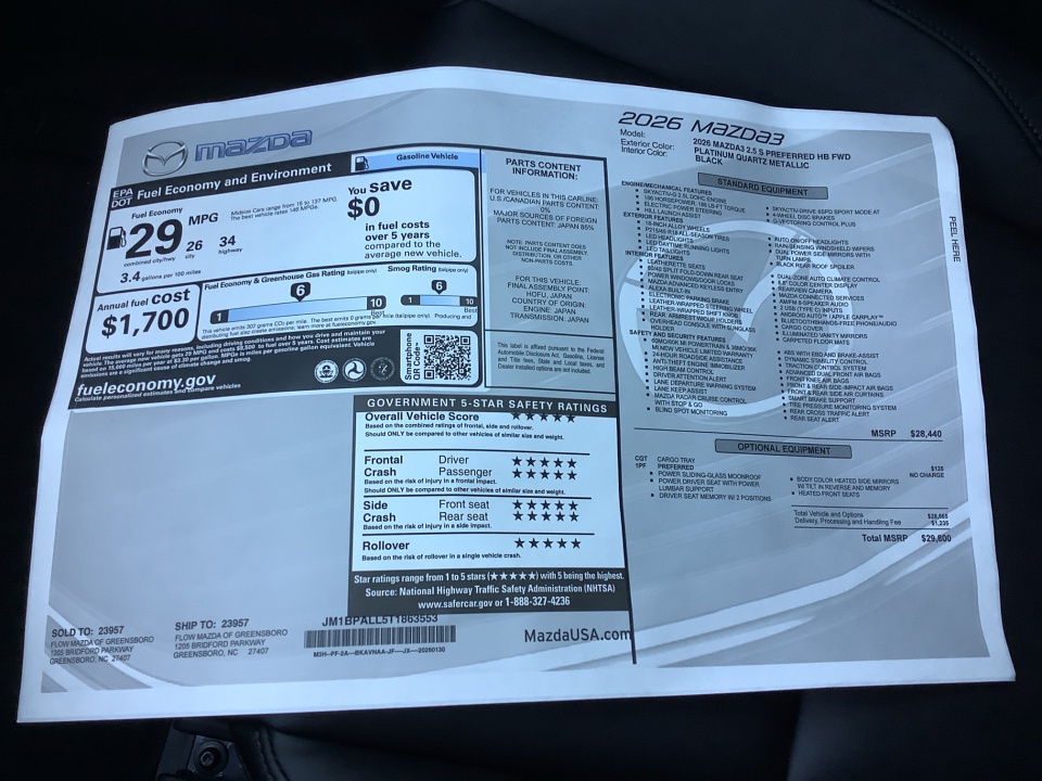 JM1BPALL5T1863553 2026 Mazda Mazda3 Hatchback 2.5 S Preferred