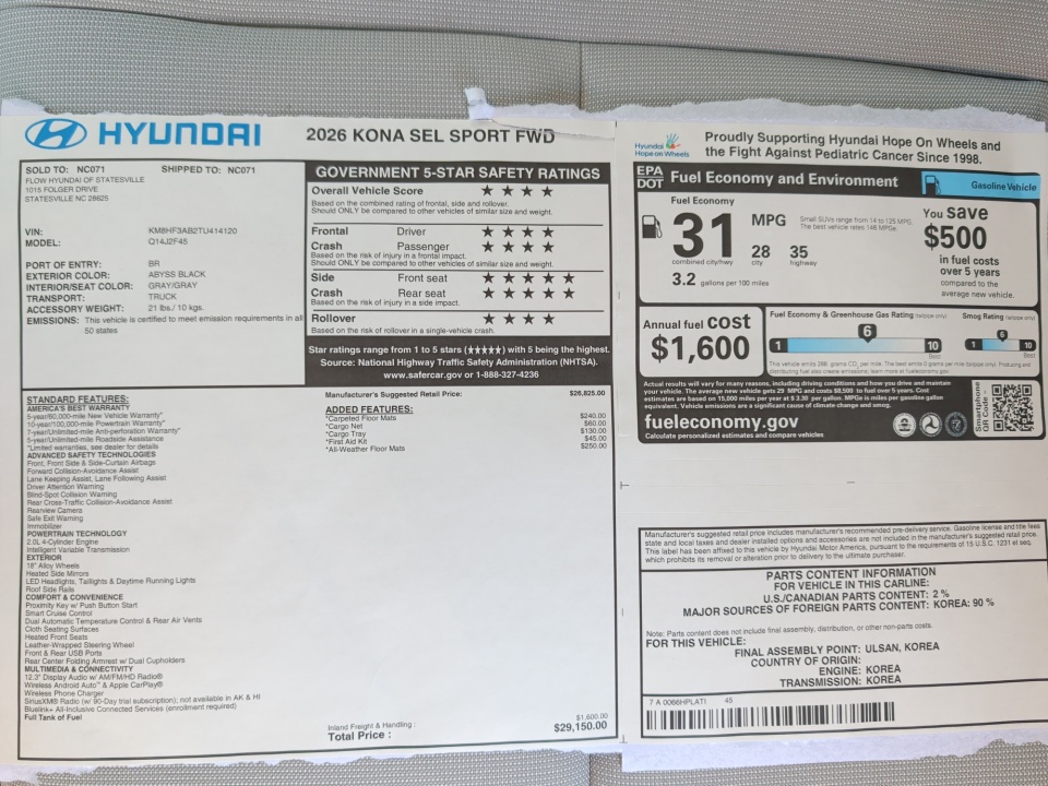 KM8HF3AB2TU414120 2026 Hyundai Kona SEL Sport