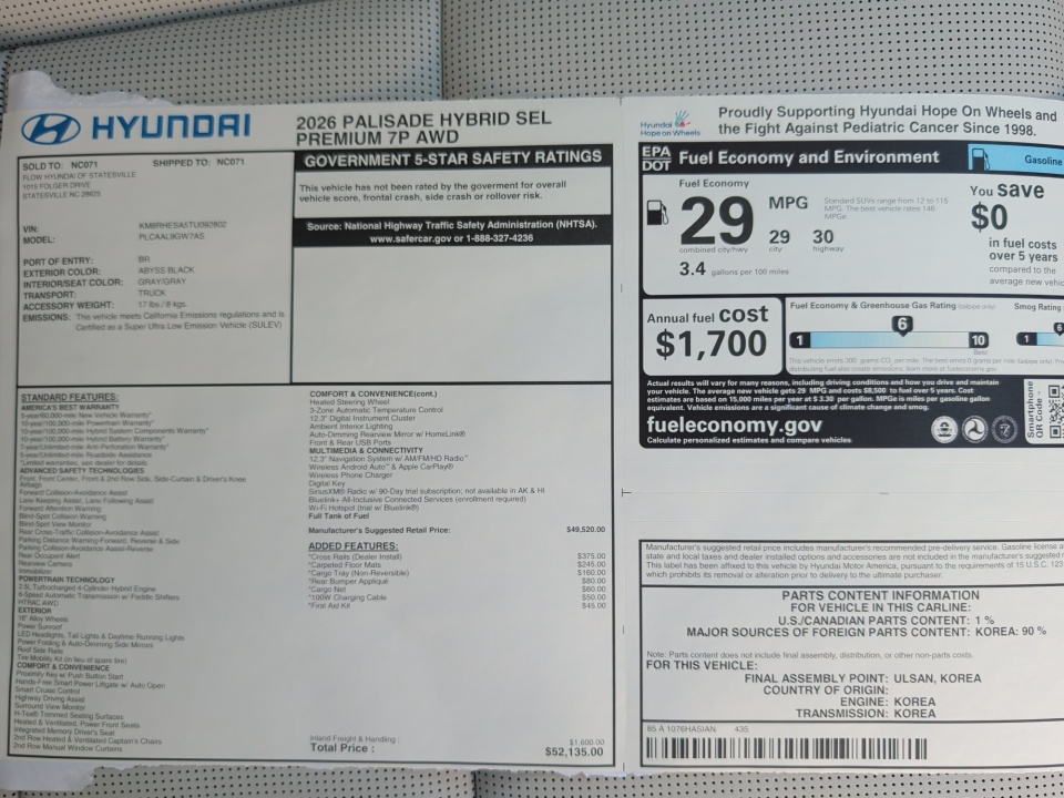 KM8RHESA5TU092802 2026 Hyundai Palisade HEV SEL Premium 7P