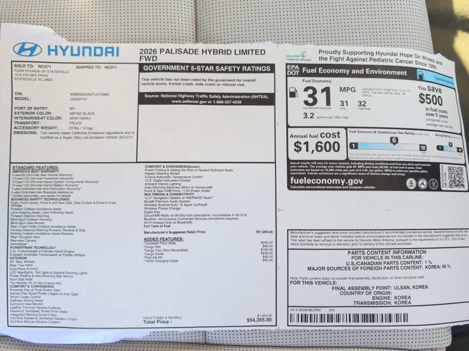 KM8RK5SAXTU075995 2026 Hyundai Palisade HEV Limited