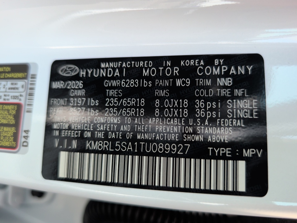KM8RL5SA1TU089927 2026 Hyundai Palisade HEV Blue SEL 8P
