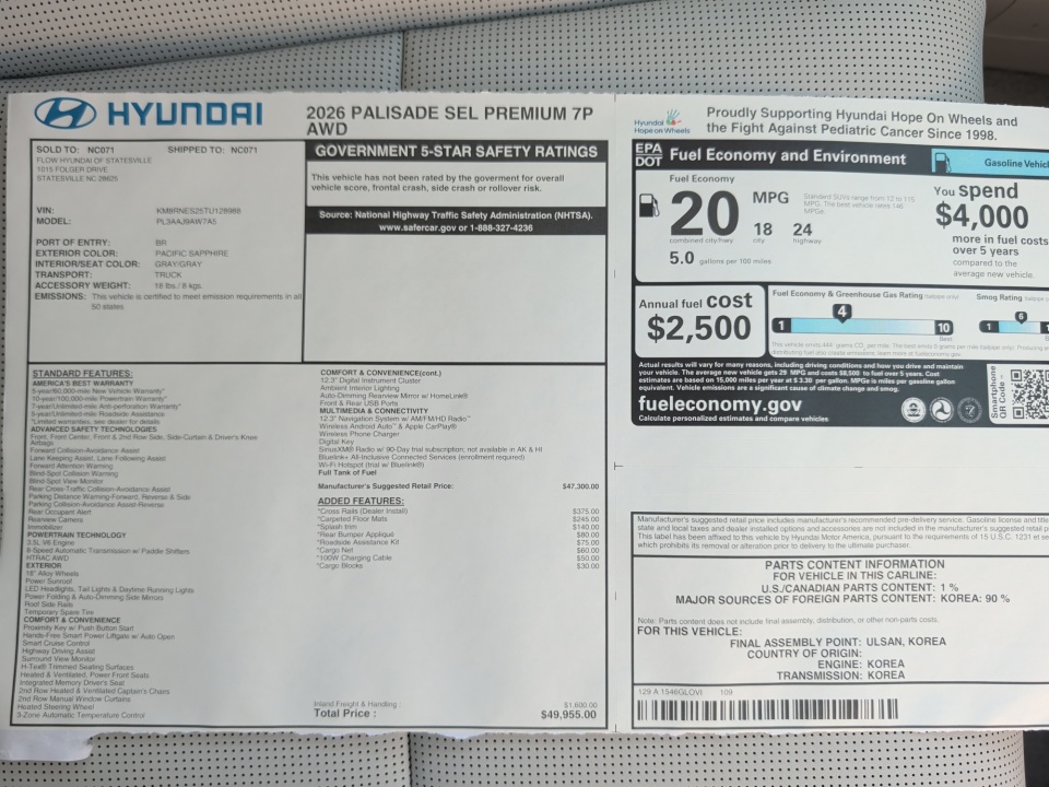 KM8RNES25TU128988 2026 Hyundai Palisade SEL Premium 7P