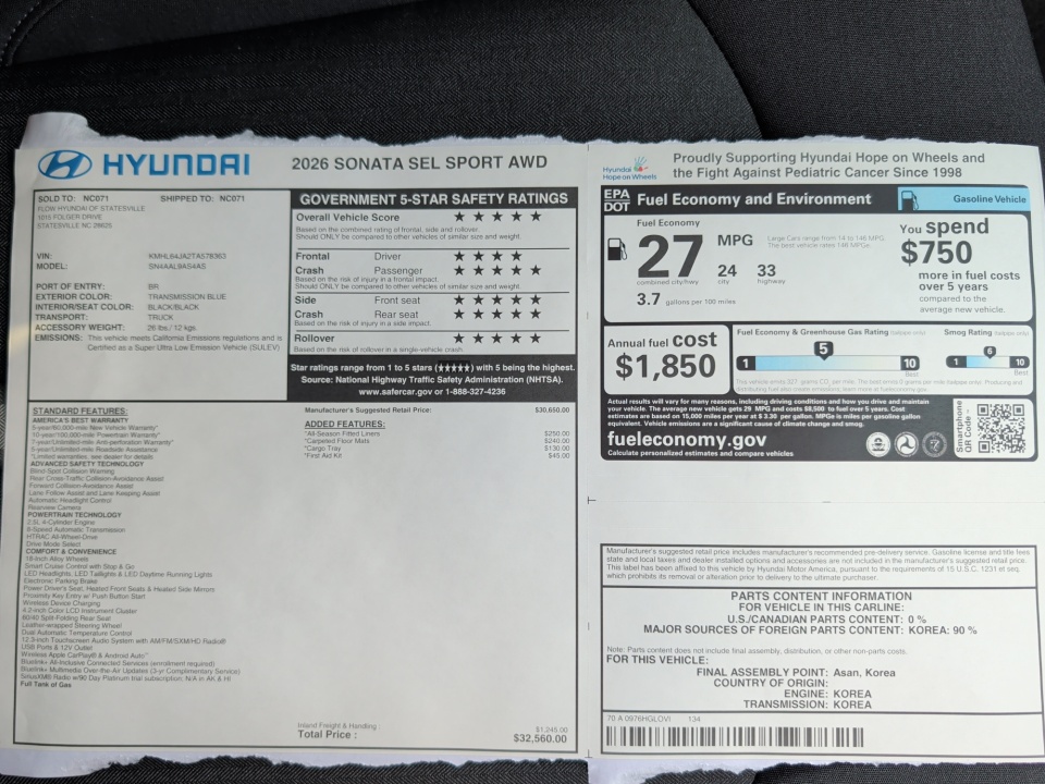 KMHL64JA2TA578363 2026 Hyundai Sonata SEL Sport