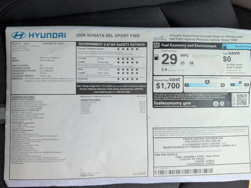 KMHL64JA3TA590747 2026 Hyundai Sonata SEL Sport