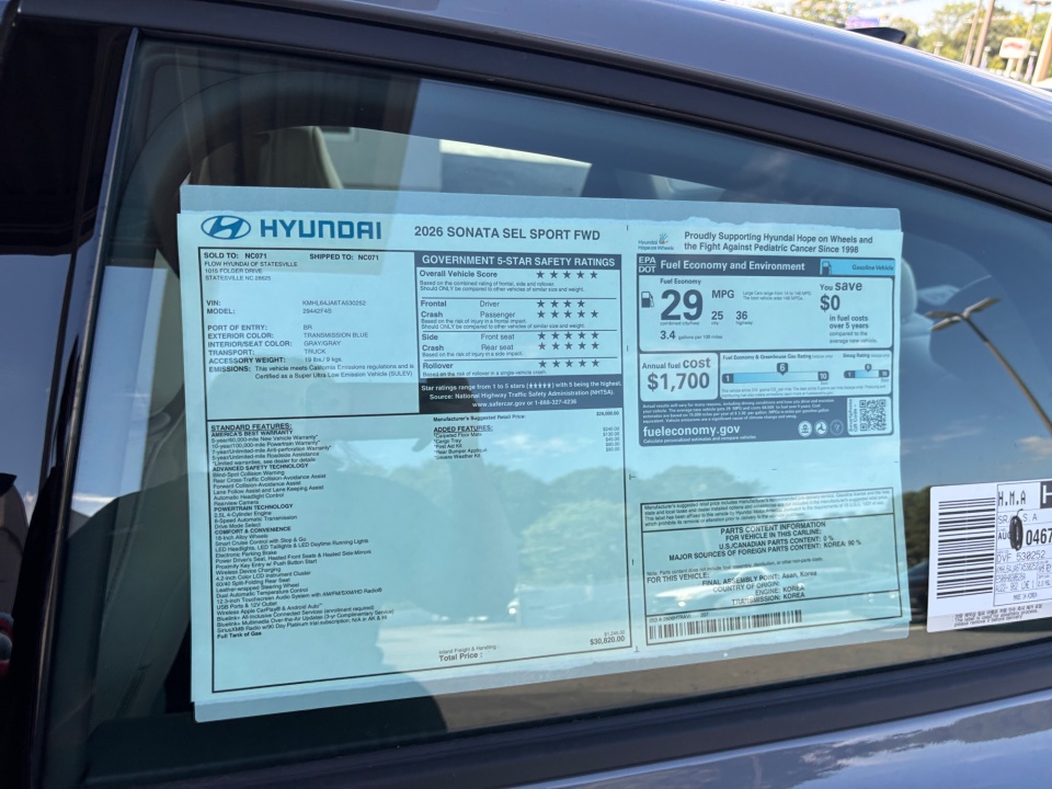 KMHL64JA6TA530252 2026 Hyundai Sonata SEL Sport