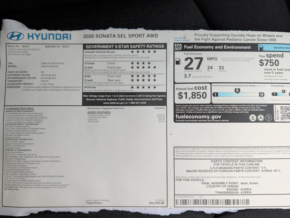 KMHL64JA8TA578352 2026 Hyundai Sonata SEL Sport