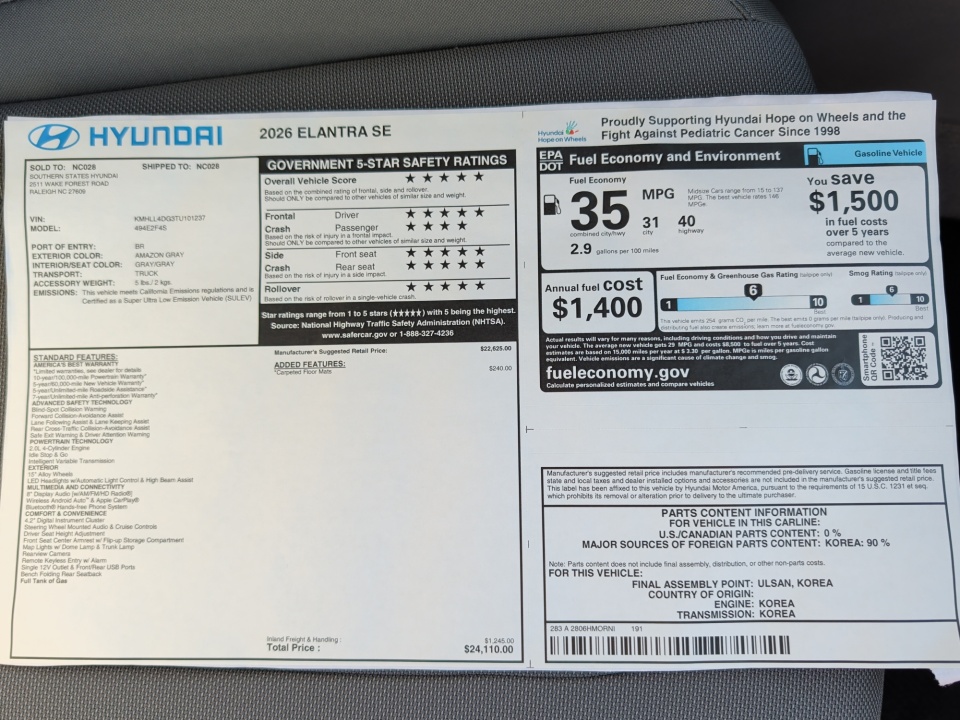 KMHLL4DG3TU101237 2026 Hyundai Elantra SE