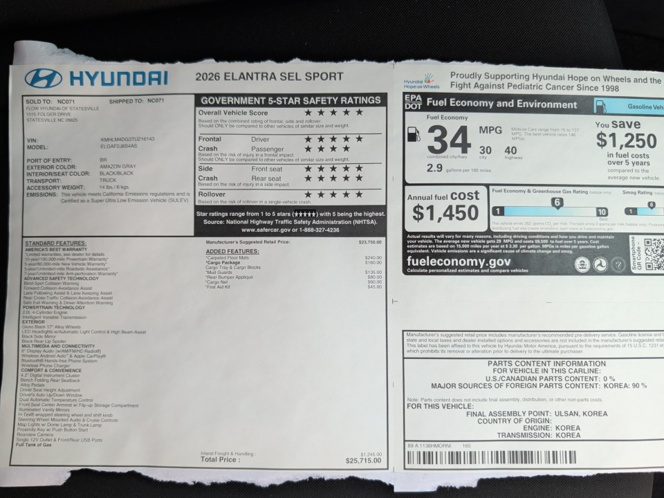 KMHLM4DG3TU216143 2026 Hyundai Elantra SEL Sport