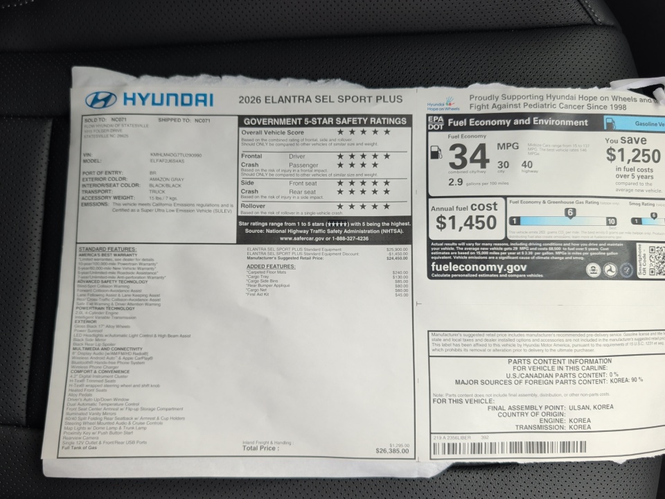 KMHLM4DG7TU290990 2026 Hyundai Elantra SEL Sport Plus