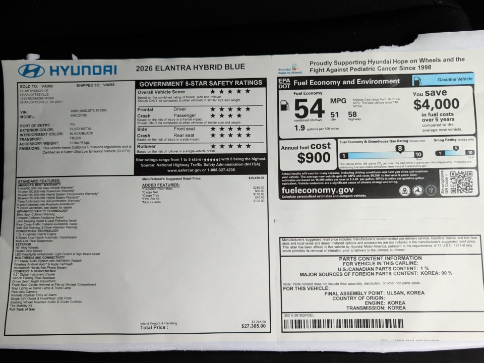 KMHLM4DJ0TU191293 2026 Hyundai Elantra Hybrid Blue