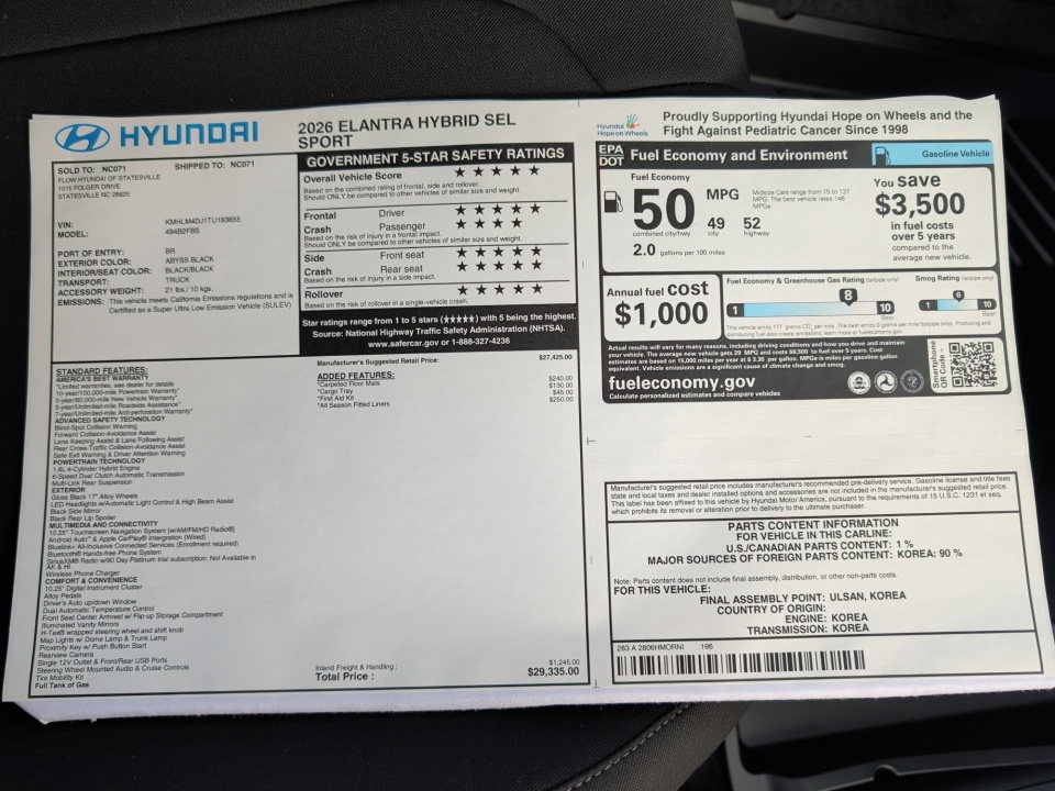 KMHLM4DJ1TU183655 2026 Hyundai Elantra Hybrid SEL Sport