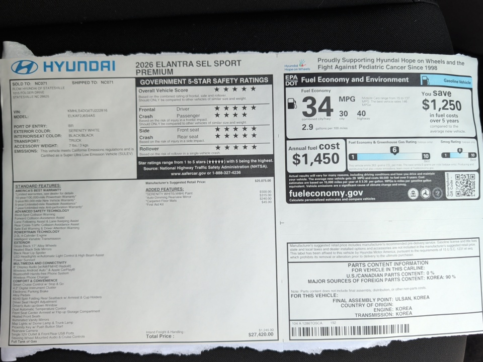 KMHLS4DG6TU222816 2026 Hyundai Elantra SEL Sport Premium