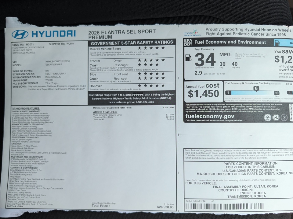 KMHLS4DG8TU222736 2026 Hyundai Elantra SEL Sport Premium